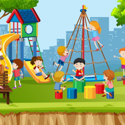 Active boys, girls and friends playing sport activities outdoors illustration